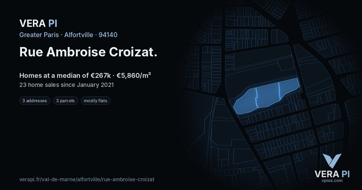 Rue Ambroise Croizat, Alfortville at night – every parcel coloured by the prices around it, the street's own parcels lit