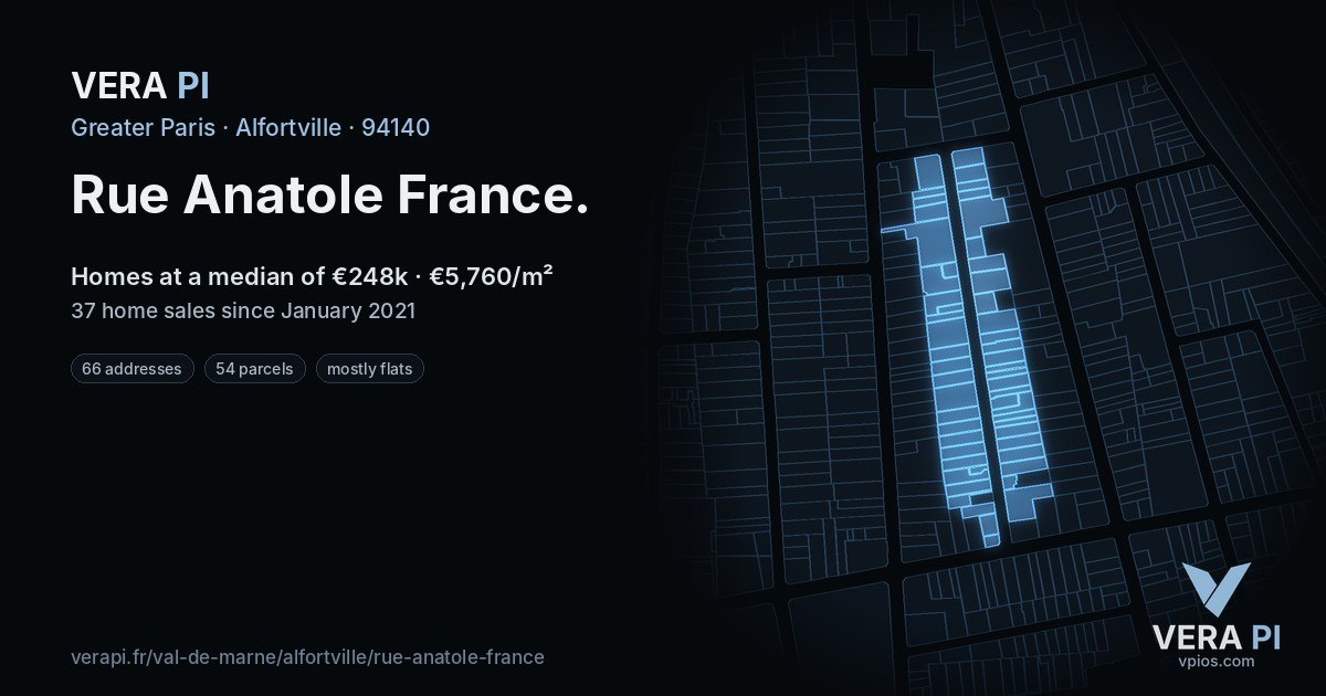 Rue Anatole France, Alfortville at night – every parcel coloured by the prices around it, the street's own parcels lit