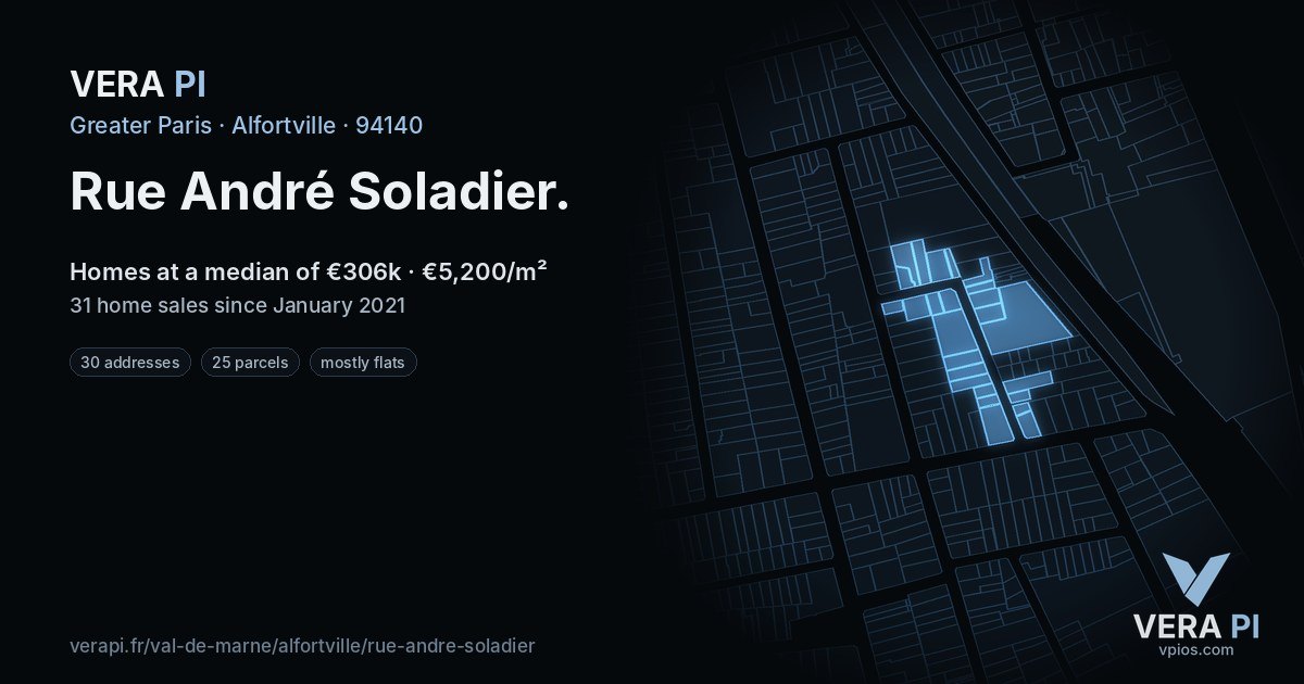 Rue André Soladier, Alfortville at night – every parcel coloured by the prices around it, the street's own parcels lit