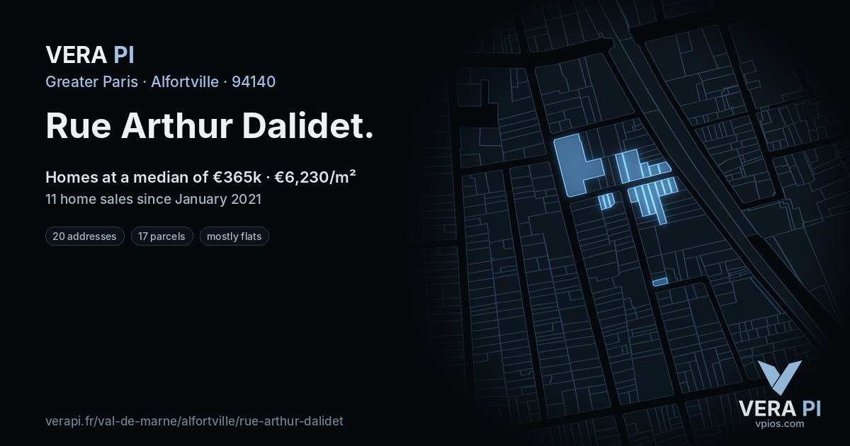 Rue Arthur Dalidet, Alfortville at night – every parcel coloured by the prices around it, the street's own parcels lit