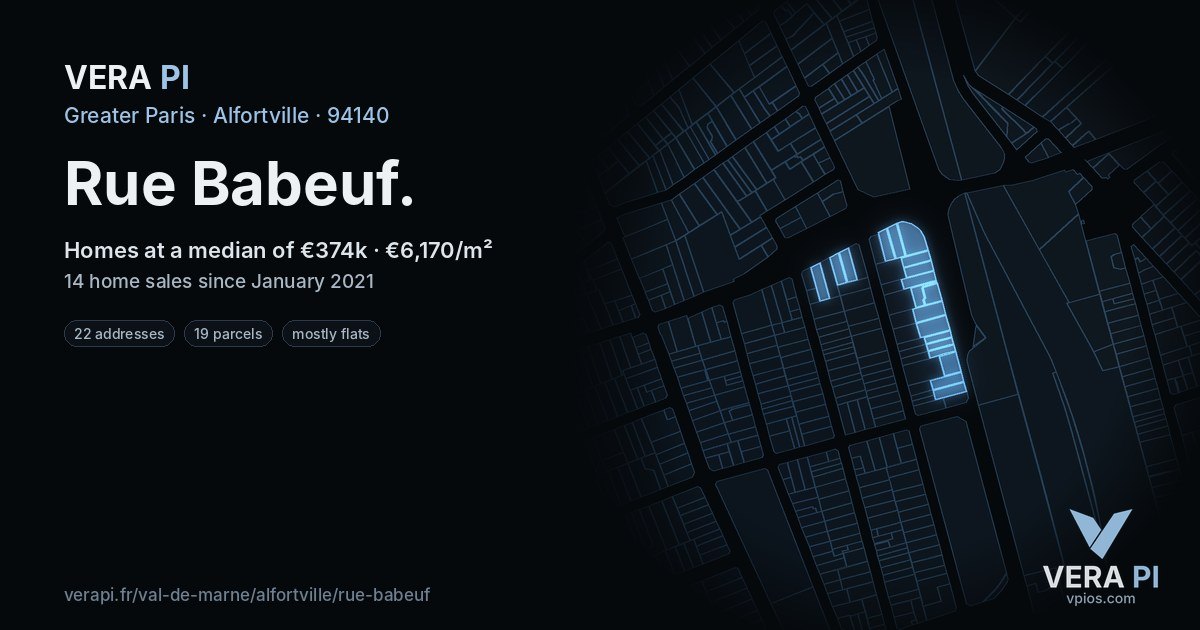 Rue Babeuf, Alfortville at night – every parcel coloured by the prices around it, the street's own parcels lit