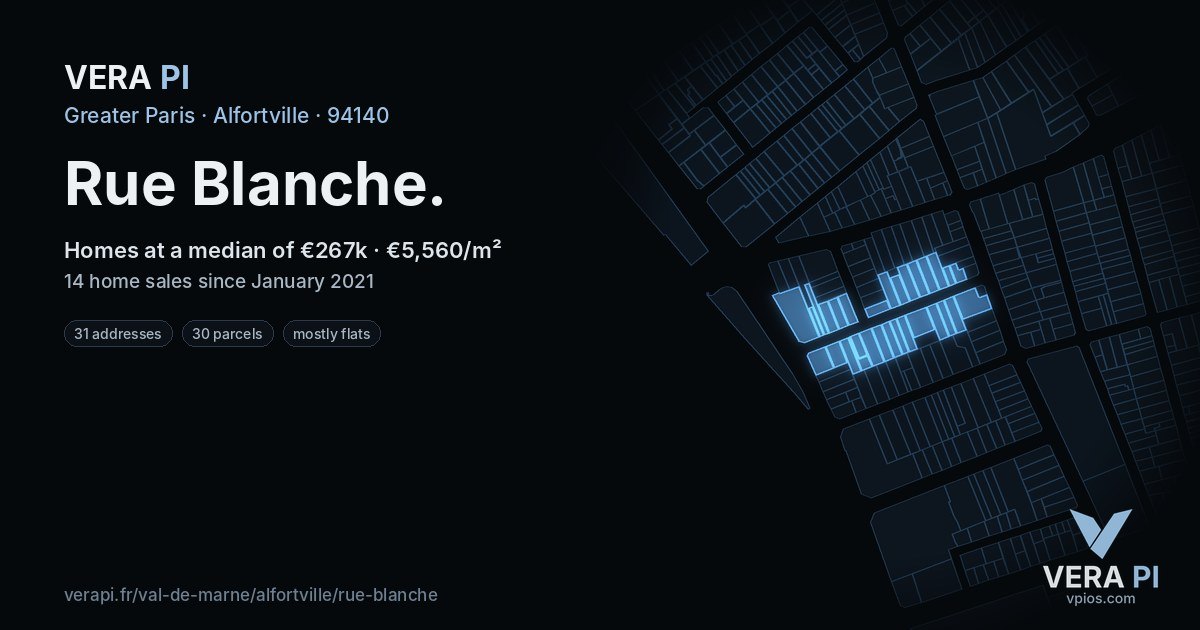 Rue Blanche, Alfortville at night – every parcel coloured by the prices around it, the street's own parcels lit