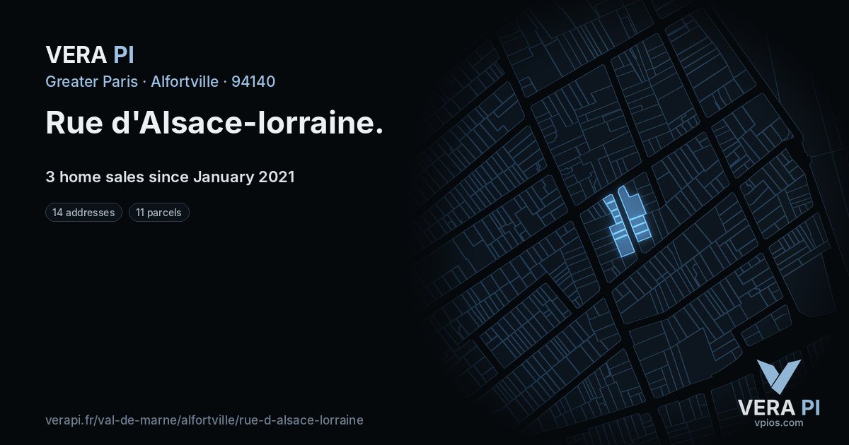 Rue d'Alsace-lorraine, Alfortville at night – every parcel coloured by the prices around it, the street's own parcels lit