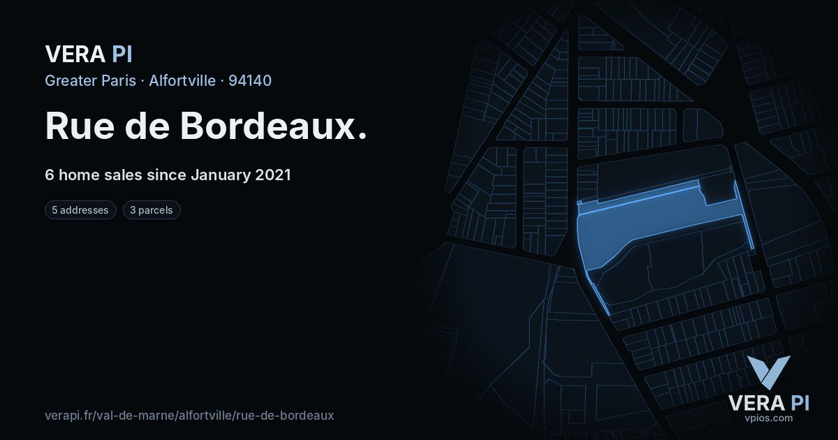 Rue de Bordeaux, Alfortville at night – every parcel coloured by the prices around it, the street's own parcels lit
