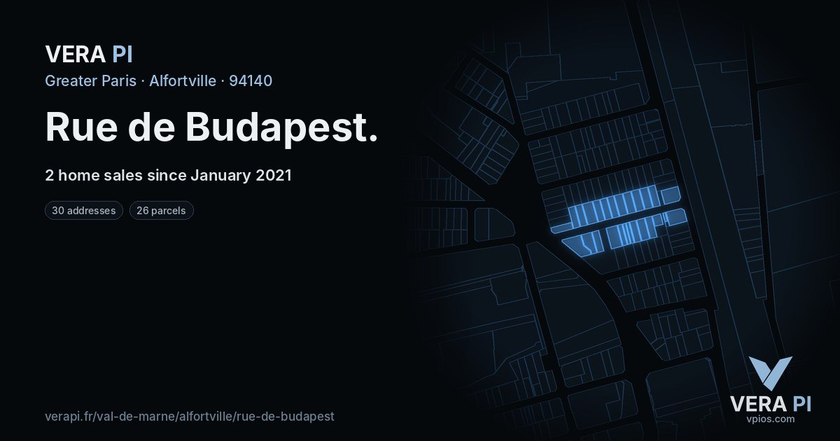 Rue de Budapest, Alfortville at night – every parcel coloured by the prices around it, the street's own parcels lit