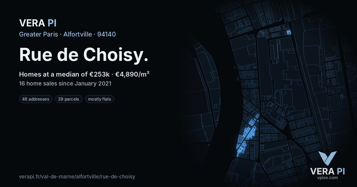 Rue de Choisy, Alfortville at night – every parcel coloured by the prices around it, the street's own parcels lit