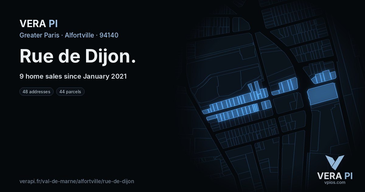 Rue de Dijon, Alfortville at night – every parcel coloured by the prices around it, the street's own parcels lit