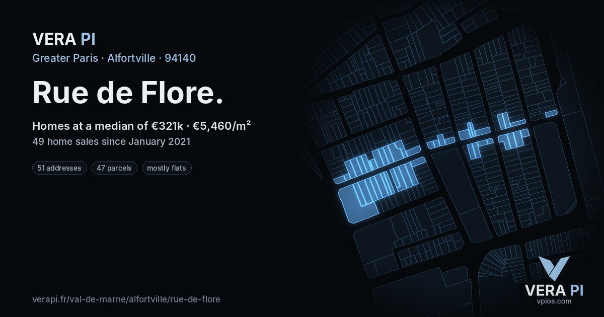 Rue de Flore, Alfortville at night – every parcel coloured by the prices around it, the street's own parcels lit