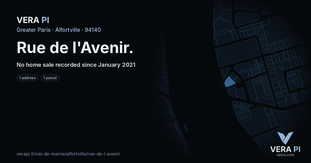 Rue de l'Avenir, Alfortville at night – every parcel coloured by the prices around it, the street's own parcels lit