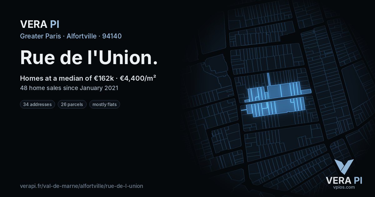 Rue de l'Union, Alfortville at night – every parcel coloured by the prices around it, the street's own parcels lit