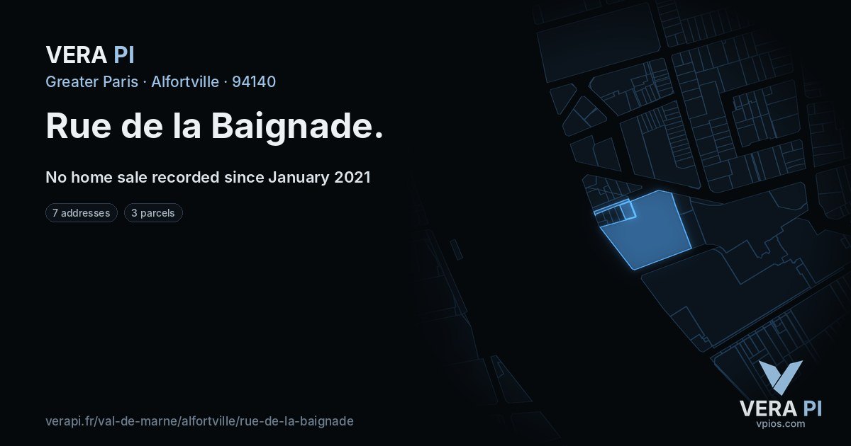 Rue de la Baignade, Alfortville at night – every parcel coloured by the prices around it, the street's own parcels lit