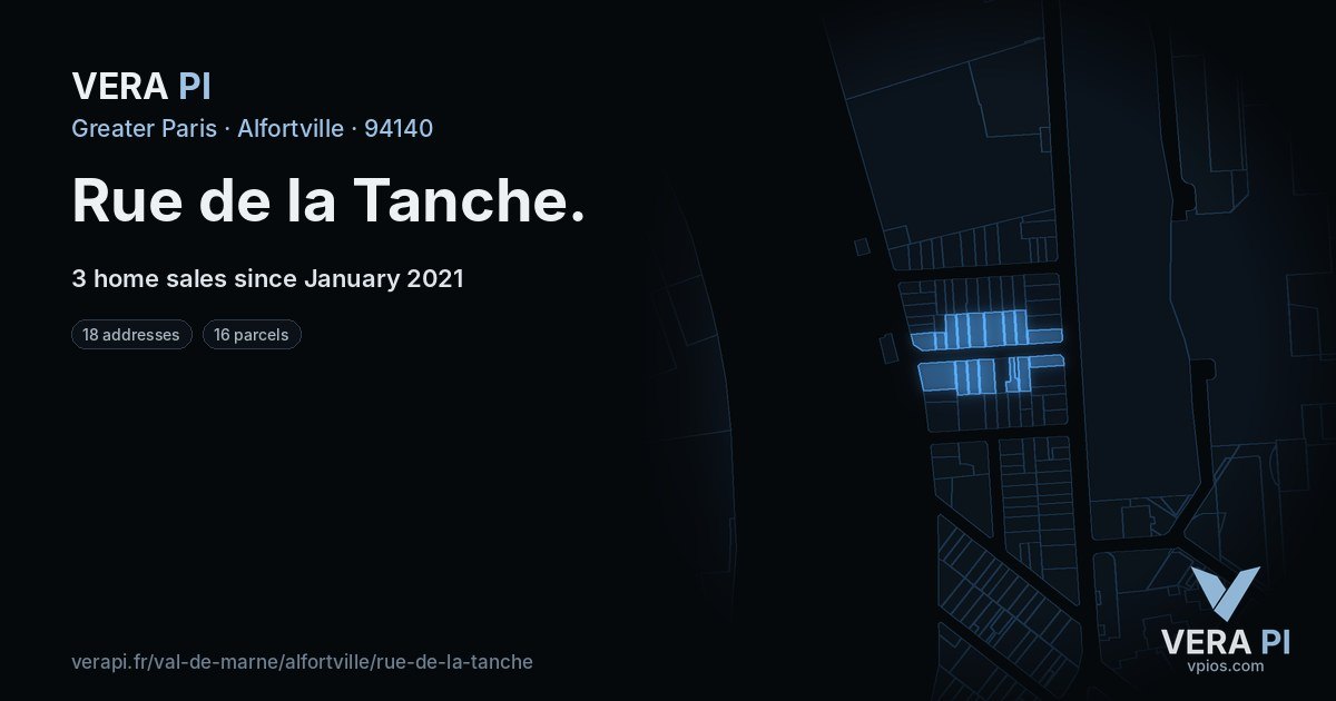 Rue de la Tanche, Alfortville at night – every parcel coloured by the prices around it, the street's own parcels lit