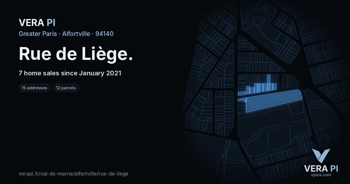 Rue de Liège, Alfortville at night – every parcel coloured by the prices around it, the street's own parcels lit