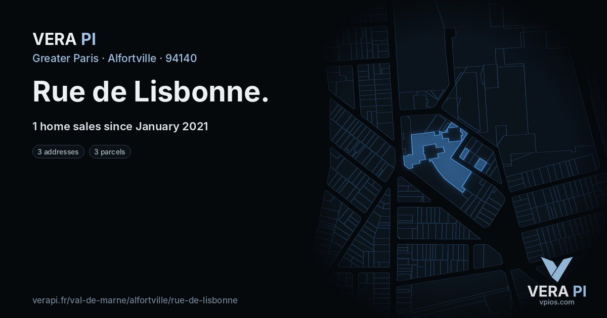 Rue de Lisbonne, Alfortville at night – every parcel coloured by the prices around it, the street's own parcels lit