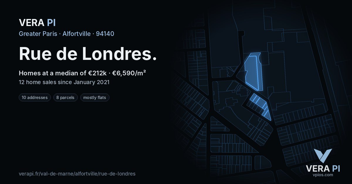 Rue de Londres, Alfortville at night – every parcel coloured by the prices around it, the street's own parcels lit
