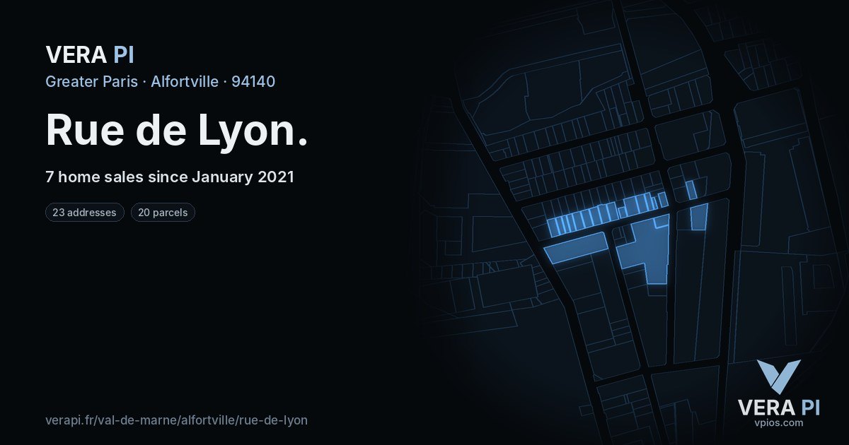 Rue de Lyon, Alfortville at night – every parcel coloured by the prices around it, the street's own parcels lit