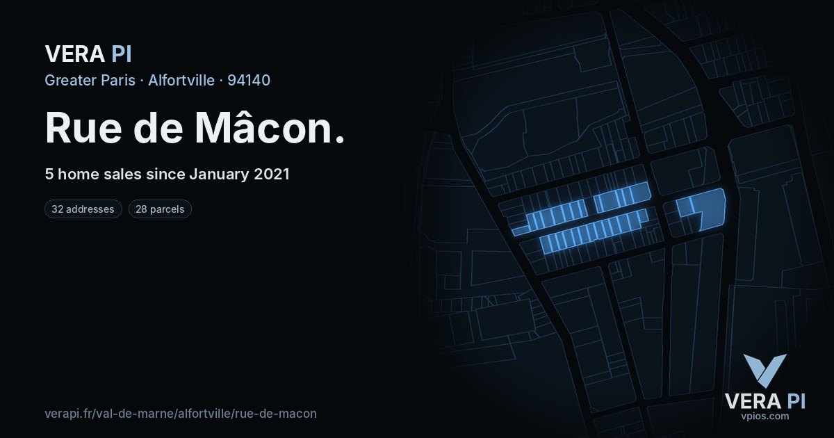 Rue de Mâcon, Alfortville at night – every parcel coloured by the prices around it, the street's own parcels lit