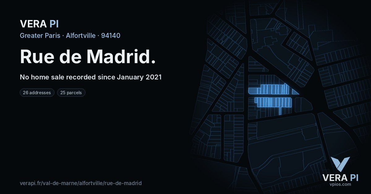 Rue de Madrid, Alfortville at night – every parcel coloured by the prices around it, the street's own parcels lit