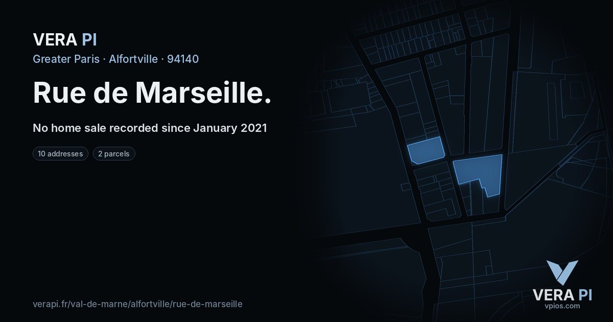 Rue de Marseille, Alfortville at night – every parcel coloured by the prices around it, the street's own parcels lit