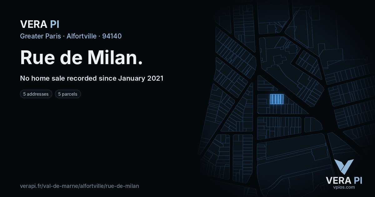 Rue de Milan, Alfortville at night – every parcel coloured by the prices around it, the street's own parcels lit