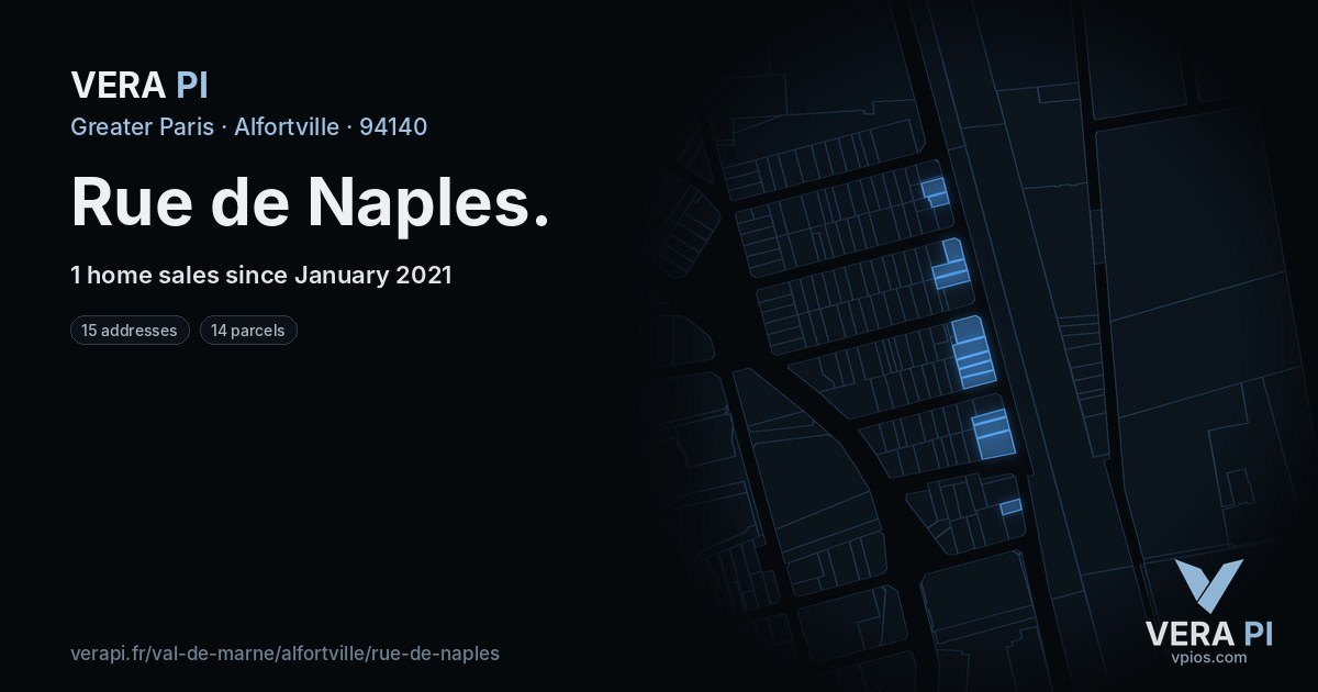 Rue de Naples, Alfortville at night – every parcel coloured by the prices around it, the street's own parcels lit