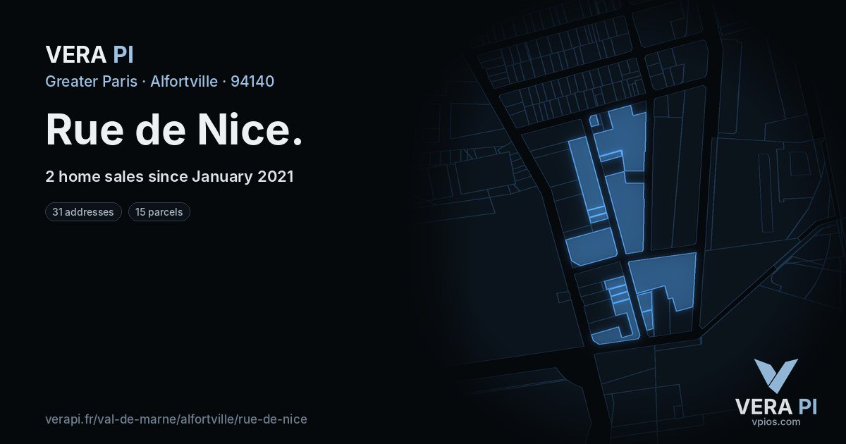 Rue de Nice, Alfortville at night – every parcel coloured by the prices around it, the street's own parcels lit