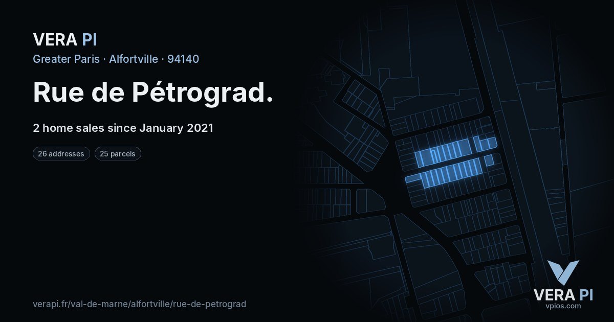 Rue de Pétrograd, Alfortville at night – every parcel coloured by the prices around it, the street's own parcels lit