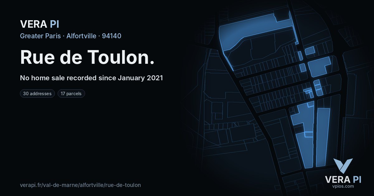 Rue de Toulon, Alfortville at night – every parcel coloured by the prices around it, the street's own parcels lit
