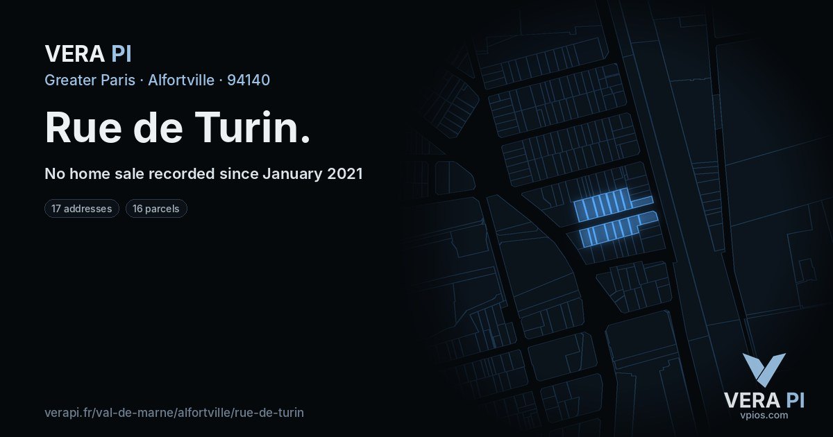 Rue de Turin, Alfortville at night – every parcel coloured by the prices around it, the street's own parcels lit