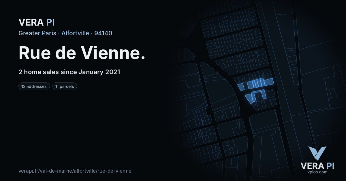 Rue de Vienne, Alfortville at night – every parcel coloured by the prices around it, the street's own parcels lit