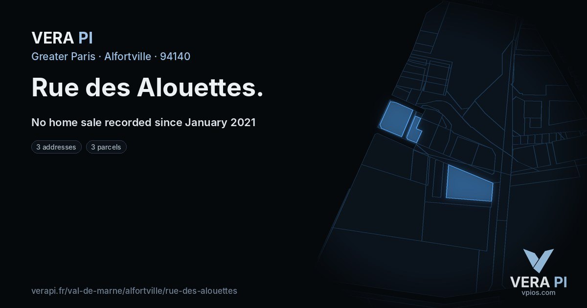Rue des Alouettes, Alfortville at night – every parcel coloured by the prices around it, the street's own parcels lit