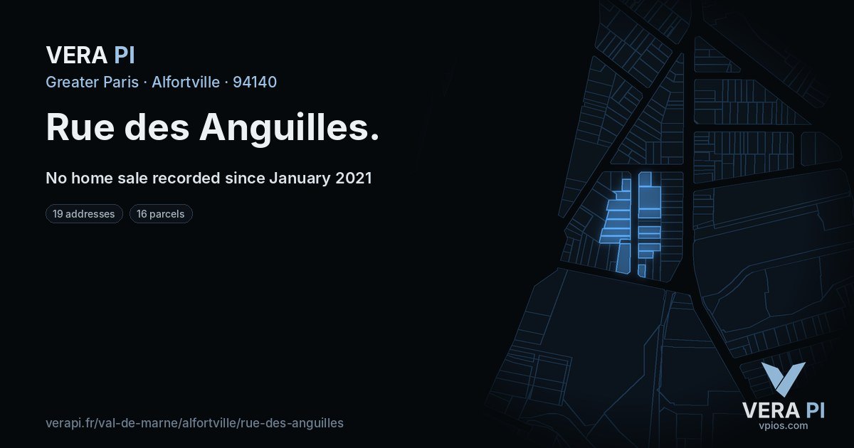 Rue des Anguilles, Alfortville at night – every parcel coloured by the prices around it, the street's own parcels lit