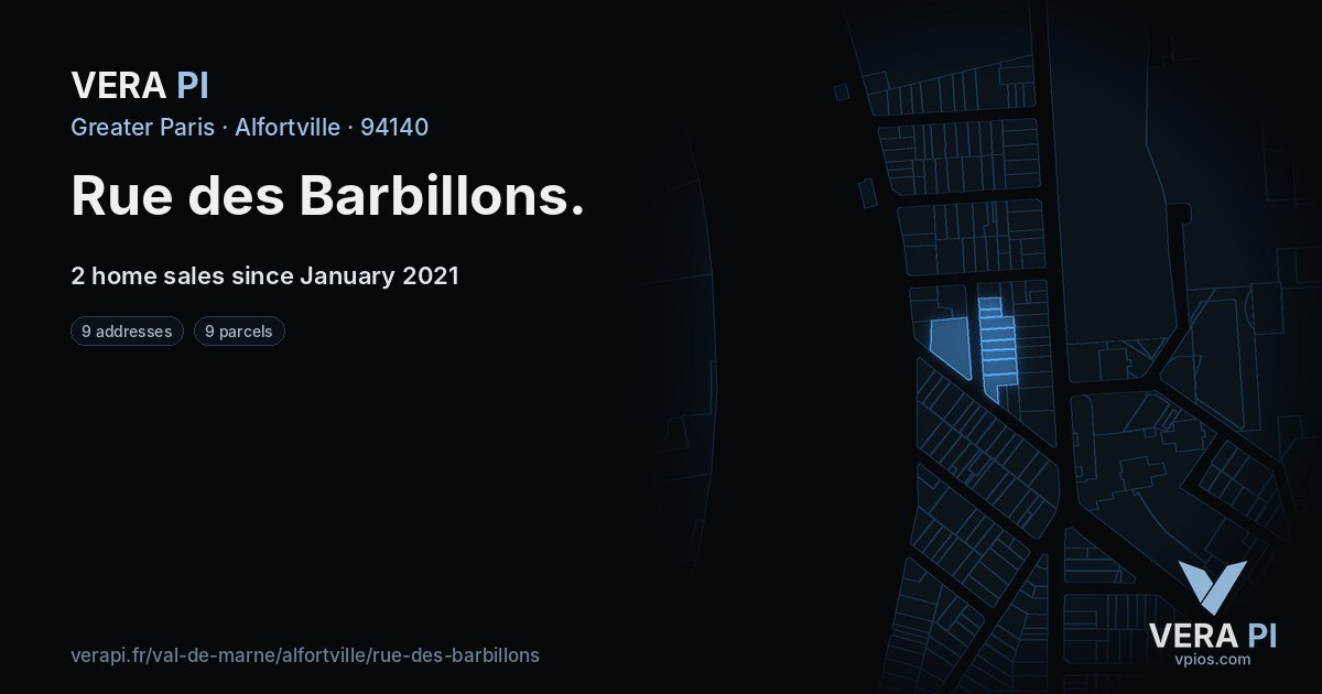 Rue des Barbillons, Alfortville at night – every parcel coloured by the prices around it, the street's own parcels lit