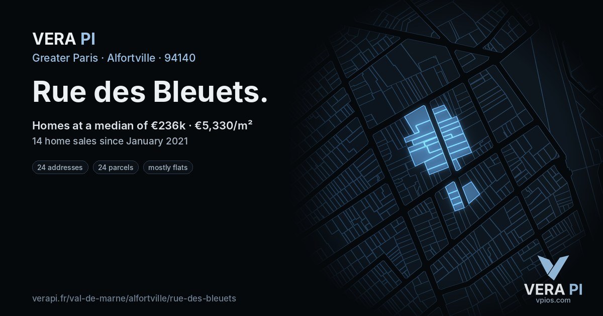 Rue des Bleuets, Alfortville at night – every parcel coloured by the prices around it, the street's own parcels lit