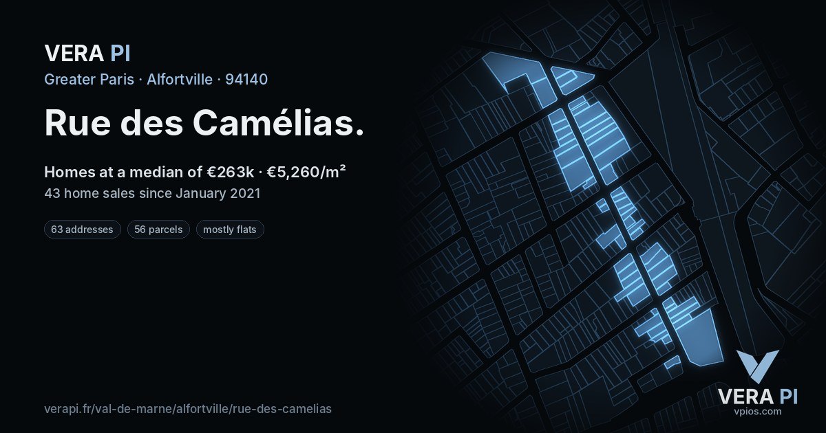 Rue des Camélias, Alfortville at night – every parcel coloured by the prices around it, the street's own parcels lit