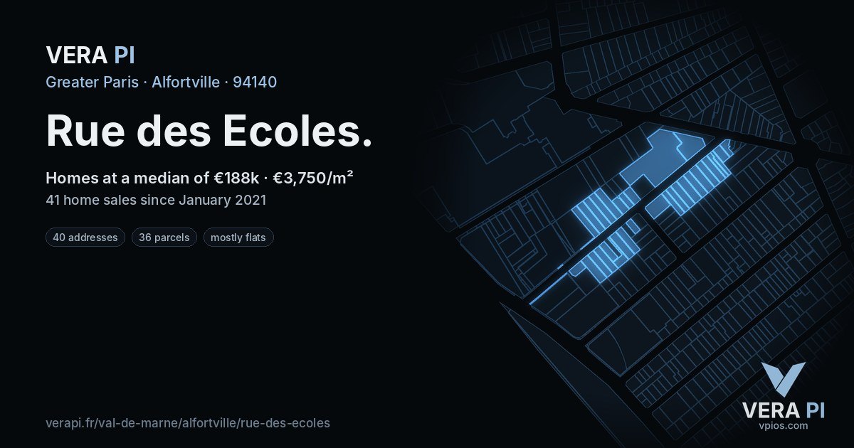 Rue des Ecoles, Alfortville at night – every parcel coloured by the prices around it, the street's own parcels lit