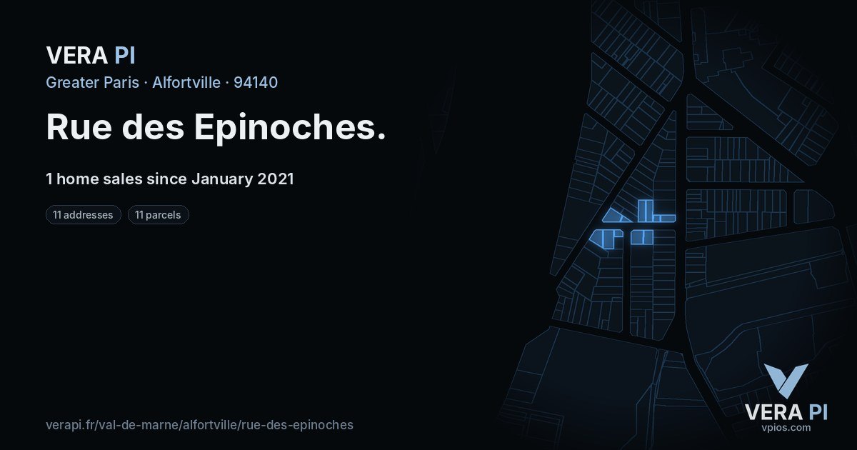 Rue des Epinoches, Alfortville at night – every parcel coloured by the prices around it, the street's own parcels lit