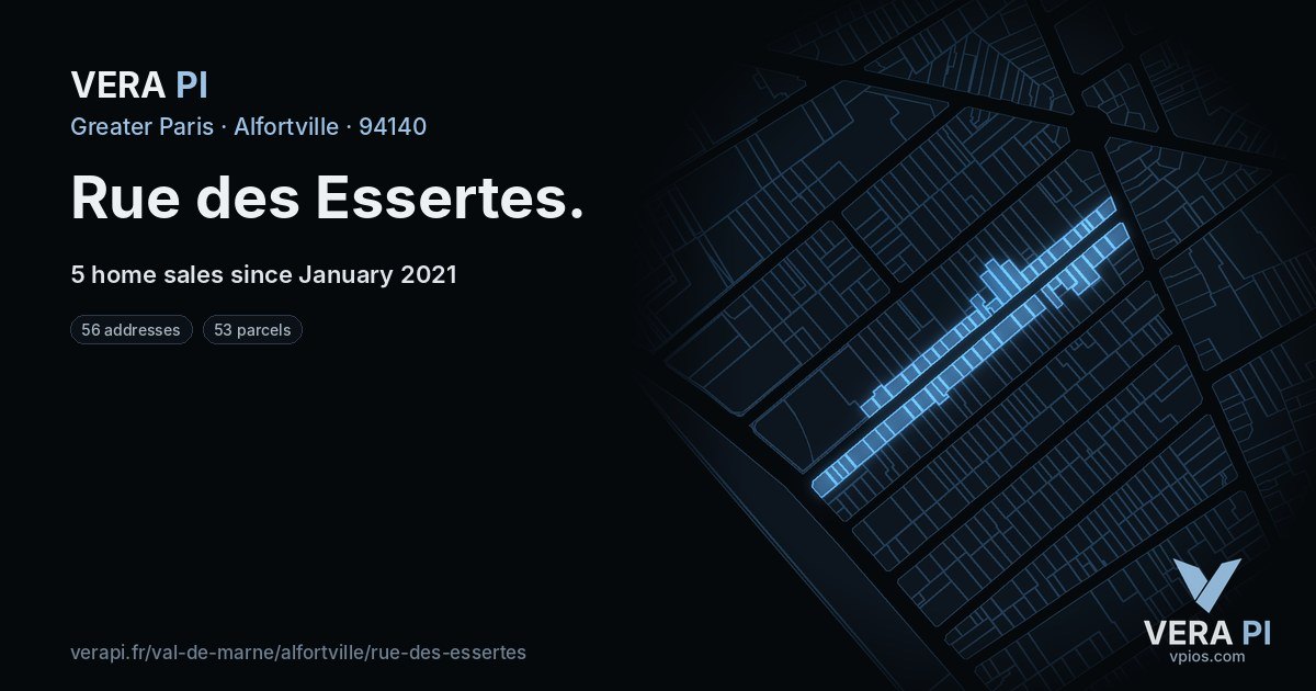 Rue des Essertes, Alfortville at night – every parcel coloured by the prices around it, the street's own parcels lit