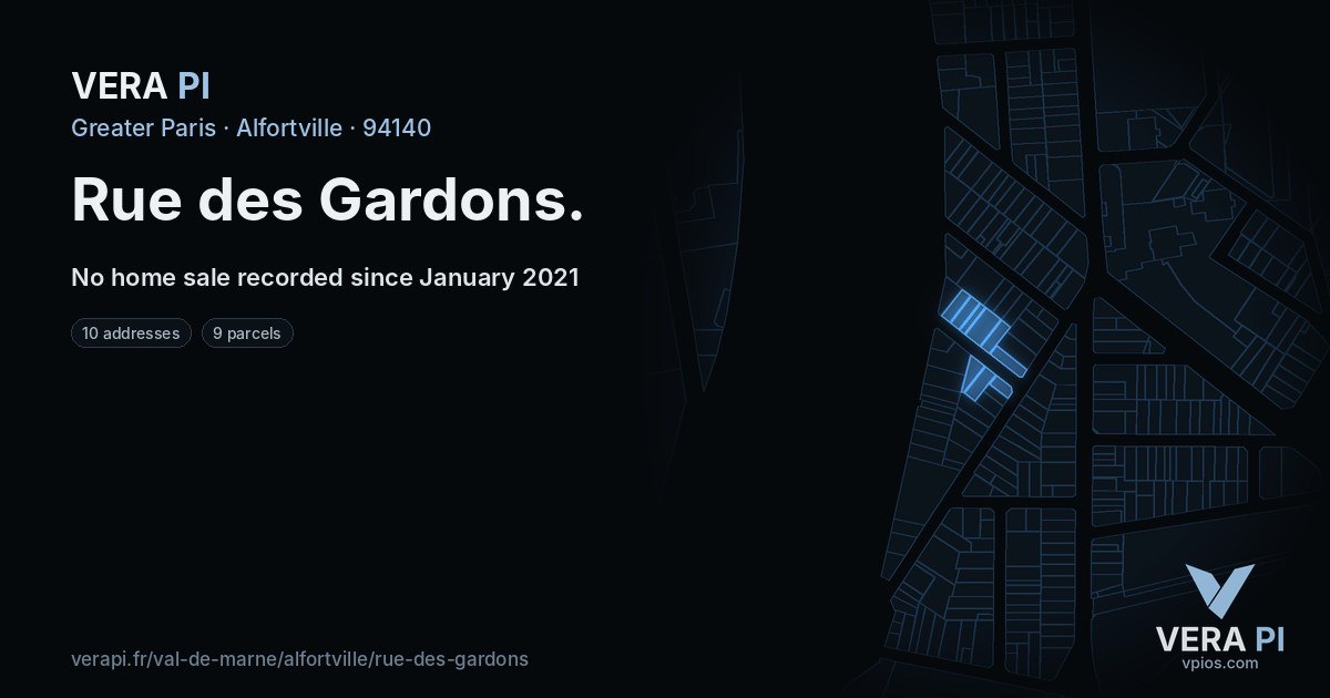 Rue des Gardons, Alfortville at night – every parcel coloured by the prices around it, the street's own parcels lit