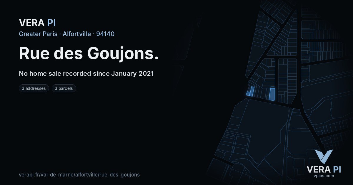 Rue des Goujons, Alfortville at night – every parcel coloured by the prices around it, the street's own parcels lit