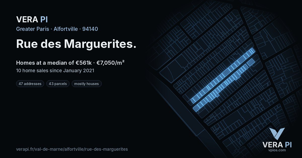 Rue des Marguerites, Alfortville at night – every parcel coloured by the prices around it, the street's own parcels lit