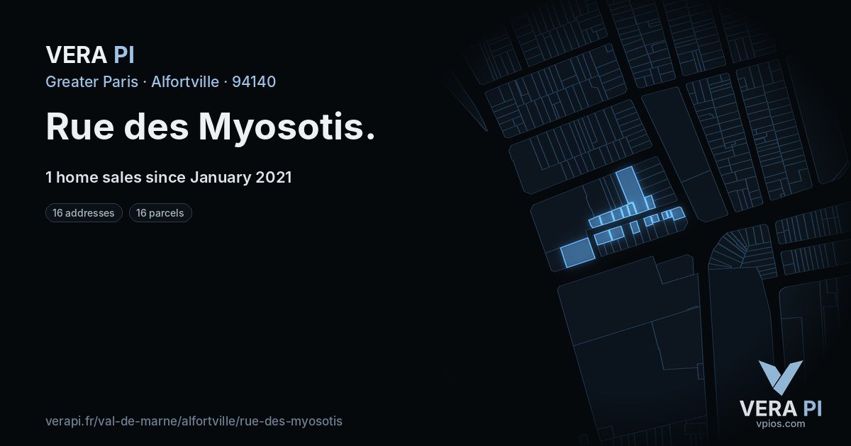 Rue des Myosotis, Alfortville at night – every parcel coloured by the prices around it, the street's own parcels lit
