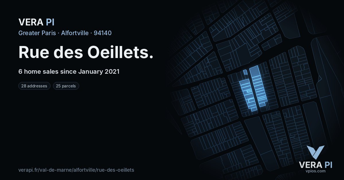 Rue des Oeillets, Alfortville at night – every parcel coloured by the prices around it, the street's own parcels lit
