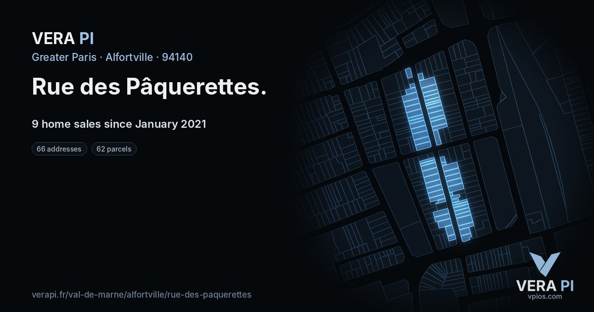 Rue des Pâquerettes, Alfortville at night – every parcel coloured by the prices around it, the street's own parcels lit