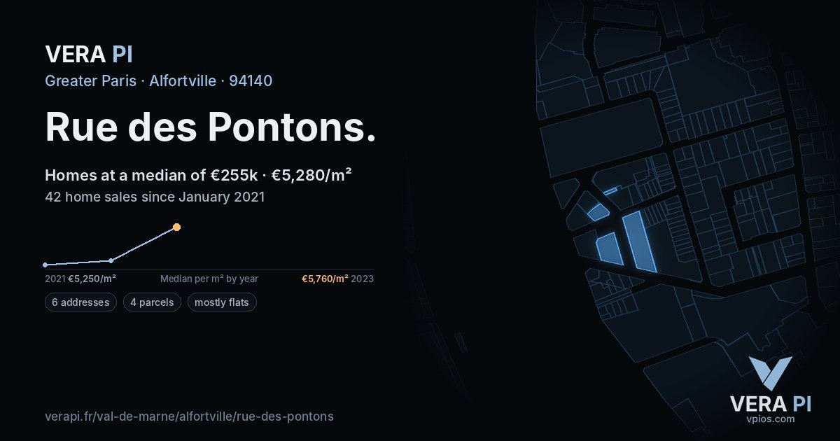 Rue des Pontons, Alfortville at night – every parcel coloured by the prices around it, the street's own parcels lit