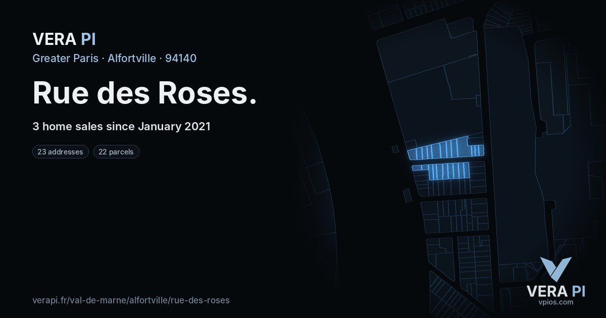 Rue des Roses, Alfortville at night – every parcel coloured by the prices around it, the street's own parcels lit