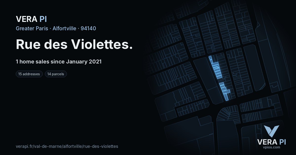 Rue des Violettes, Alfortville at night – every parcel coloured by the prices around it, the street's own parcels lit