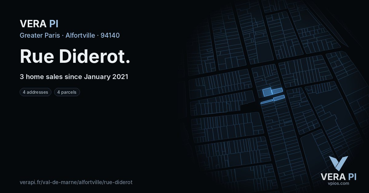 Rue Diderot, Alfortville at night – every parcel coloured by the prices around it, the street's own parcels lit