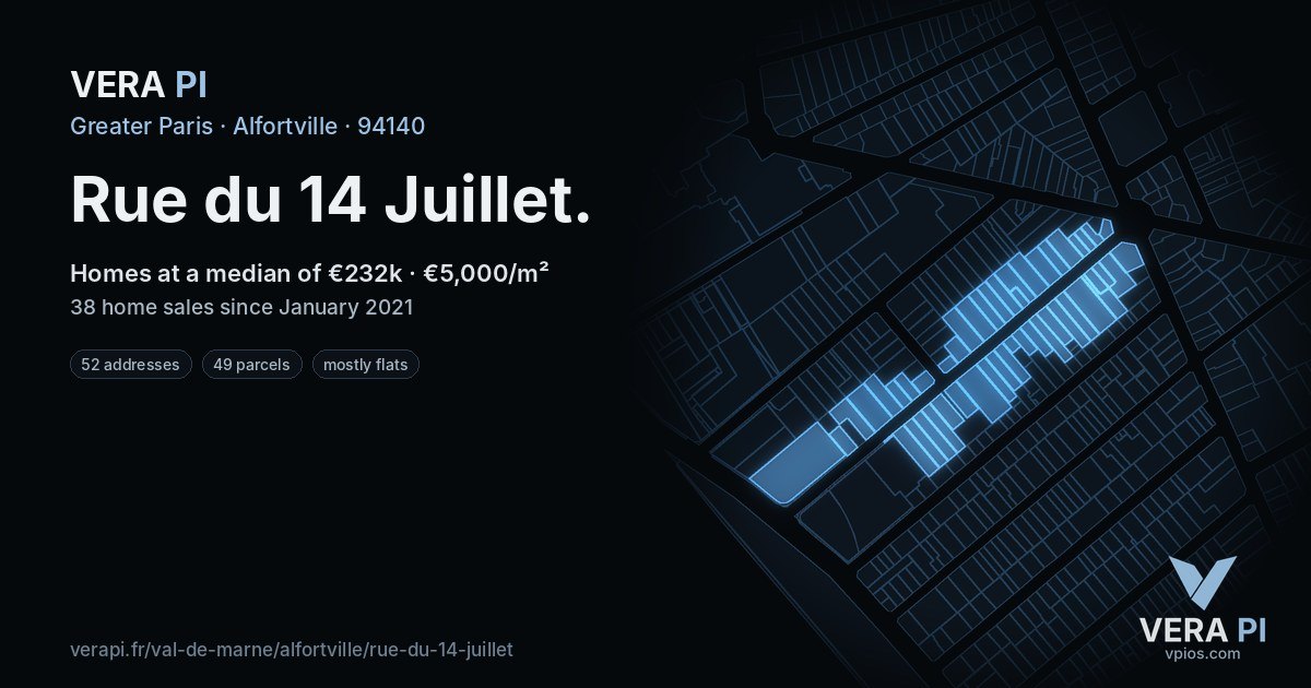 Rue du 14 Juillet, Alfortville at night – every parcel coloured by the prices around it, the street's own parcels lit