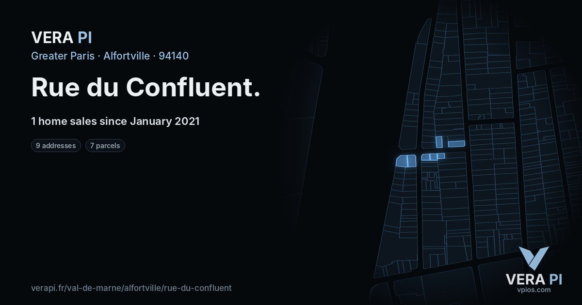 Rue du Confluent, Alfortville at night – every parcel coloured by the prices around it, the street's own parcels lit